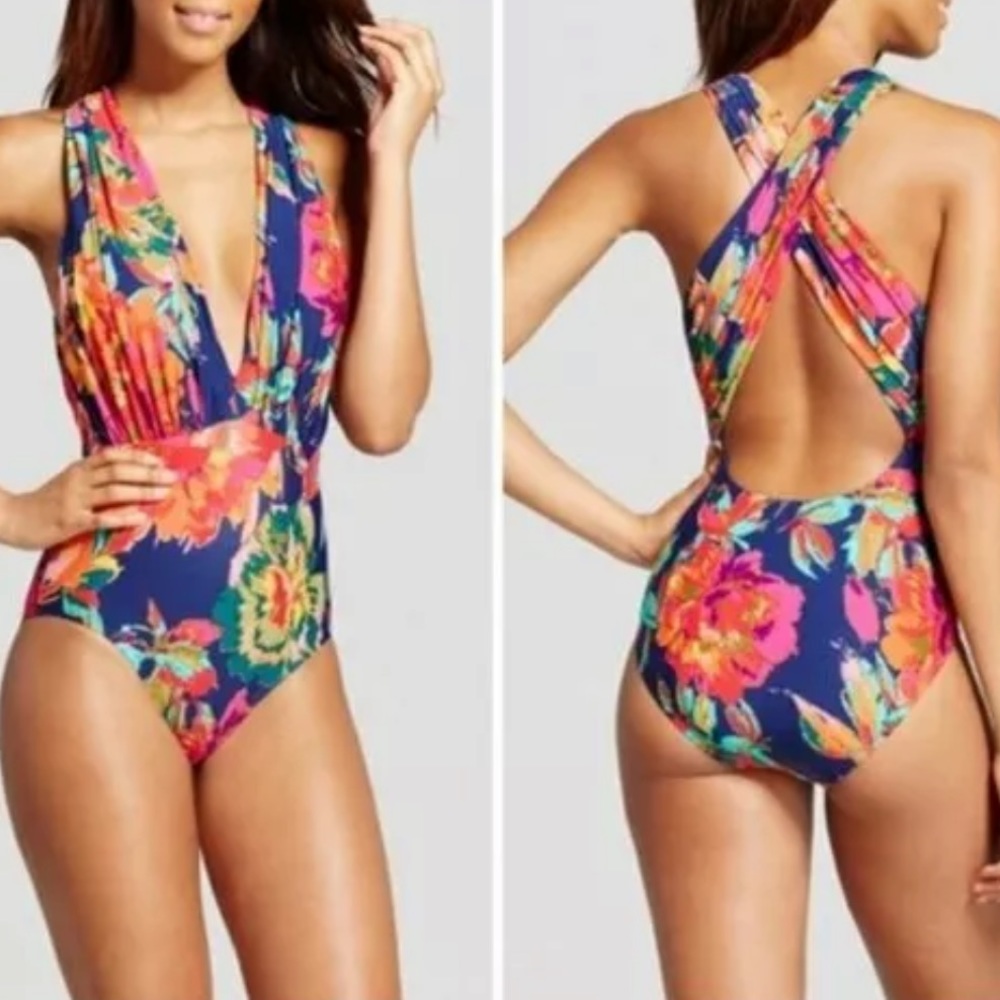 Sea Angel Plunging Floral Criss Cross Back One Piece Bathing Suit Size S